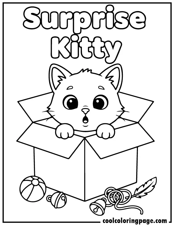 Surprise kitty coloring pages with a playful kitty peeking from a box, toys and bold shapes for coloring.