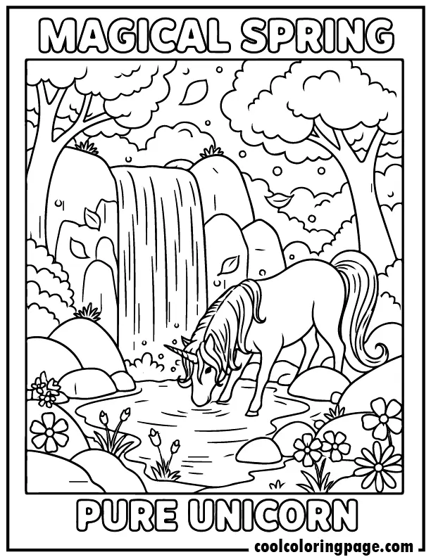 Waterfall fantasy unicorn from free unicorn coloring pages, peaceful unicorn coloring page with pond and flowers, download printable unicorn coloring pages and printable unicorn coloring pages.