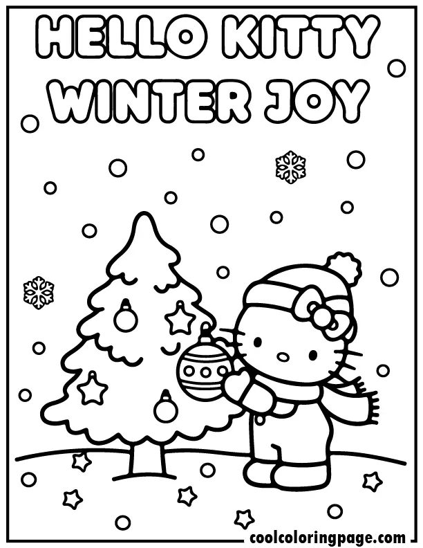 hello kitty winter coloring pages with Hello Kitty decorating a winter tree, hello kitty printable coloring pages.