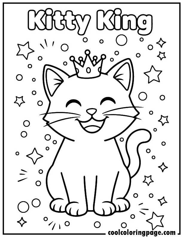 Kitty coloring pages showing a royal kitty wearing a crown with stars and sparkles in clean outlines.