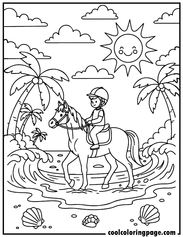 Beach horse riding horse coloring pages featuring calm horse walking by waves and shells, printable horse coloring pages and free printable coloring pages suitable as easy coloring pages.