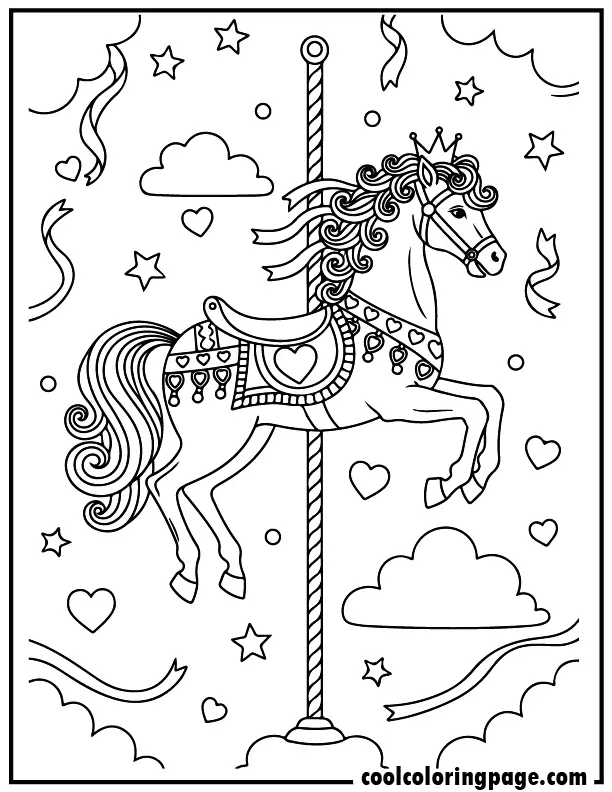 Carousel horse coloring pages with ribbons and stars design, printable horse coloring pages and free horse coloring sheets great for easy coloring pages.
