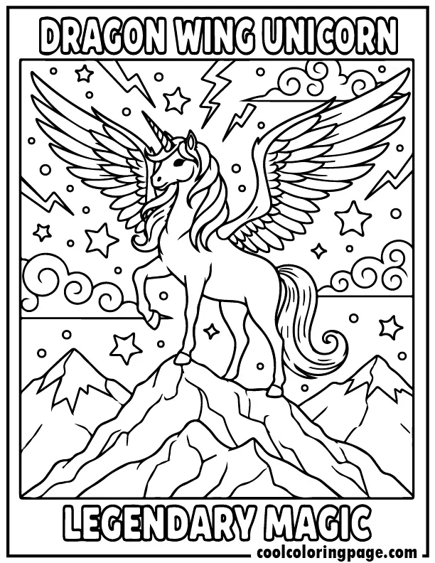 Dragon wing fantasy unicorn from free unicorn coloring pages, legendary unicorn coloring page with mountains and clouds, unicorn printable coloring pages and download printable unicorn coloring pages.