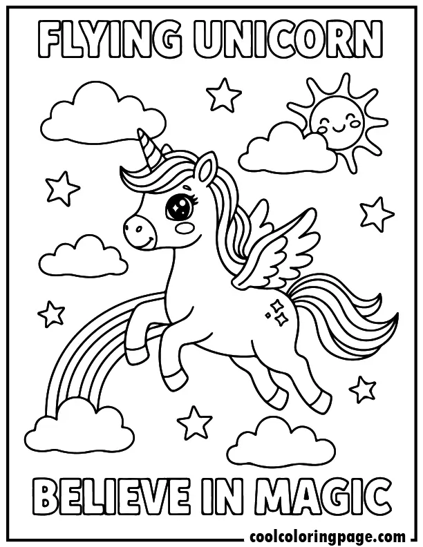 Flying winged unicorn from free unicorn coloring pages, magical sky unicorn coloring page with sun and clouds, unicorn printable coloring pages and download printable unicorn coloring pages.