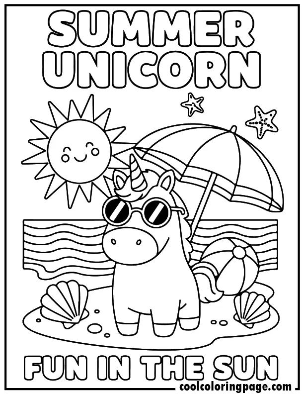 Summer beach unicorn from free unicorn coloring pages, relaxing unicorn coloring page with shells and sun, download printable unicorn coloring pages and printable unicorn coloring pages.