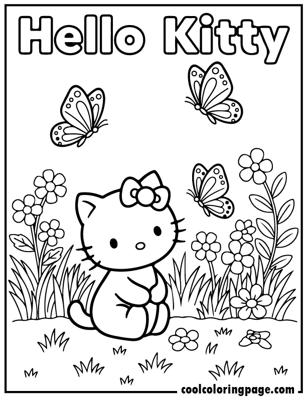 Hello kitty coloring pages featuring a cute kitty with butterflies, flowers, and grass in simple bold lines.