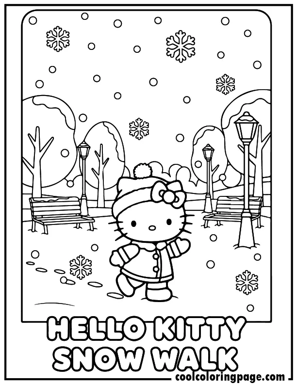 hello kitty winter coloring pages showing Hello Kitty walking in a snowy park, coloring pages hello kitty.