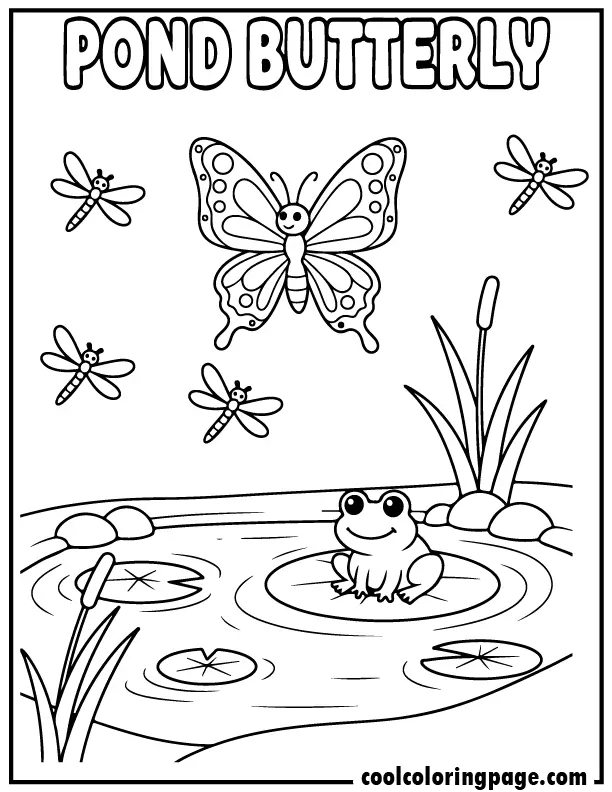 Pond scene from butterfly coloring pages with butterfly near lily pads, free butterfly coloring pages printable with bold outlines.