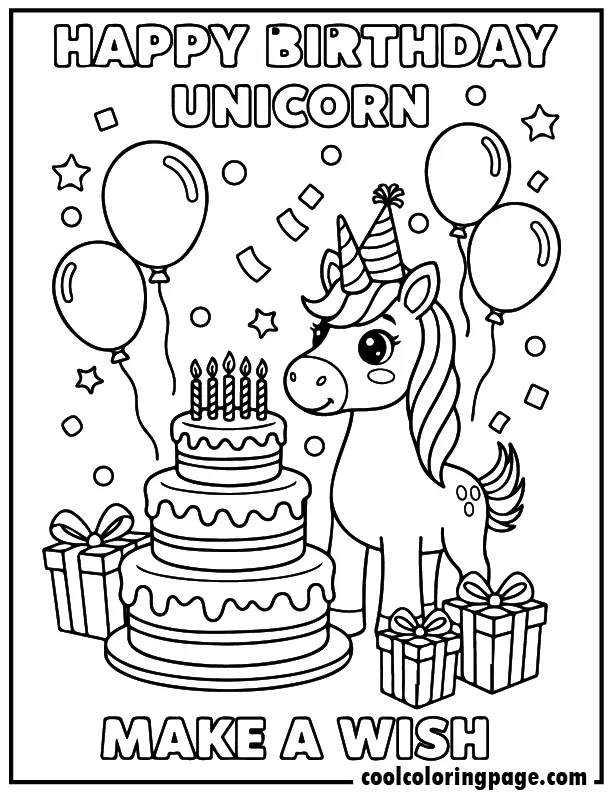 Birthday party unicorn from free unicorn coloring pages, festive unicorn coloring page with balloons and cake, printable unicorn coloring pages and unicorn printable coloring pages.