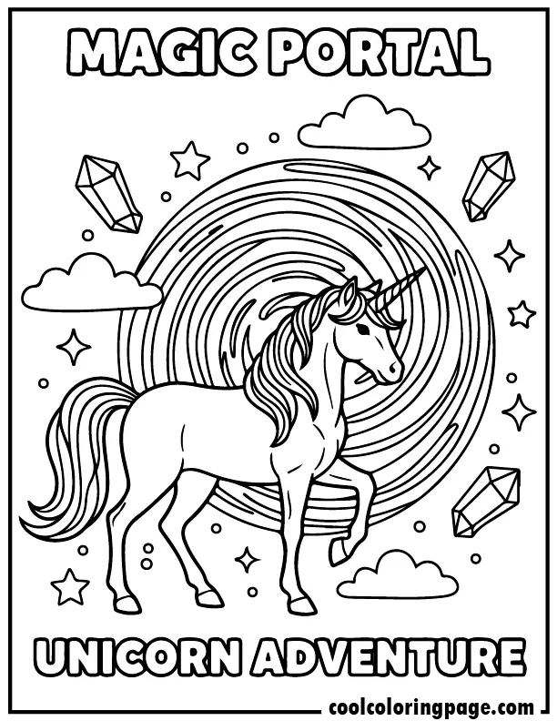 Magic portal fantasy unicorn from free unicorn coloring pages, adventure unicorn coloring page with stars and crystals, printable unicorn coloring pages and unicorn printable coloring pages.