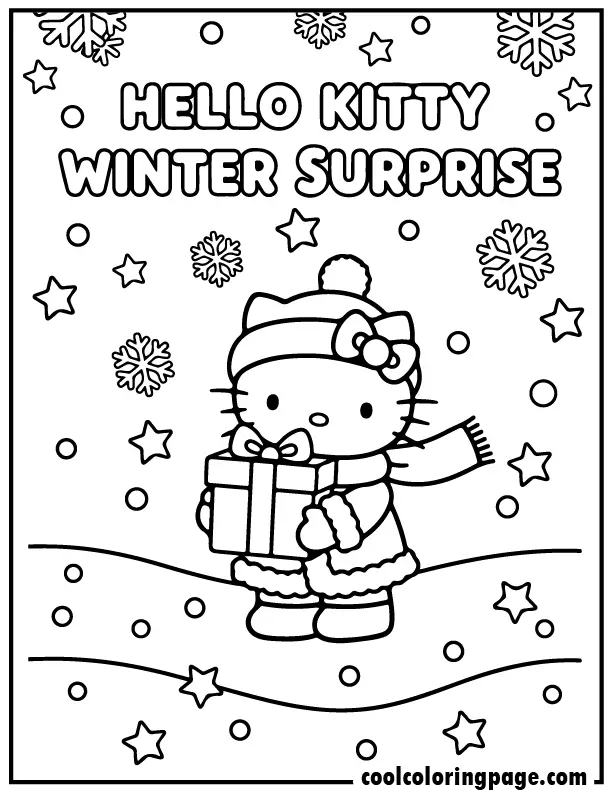 hello kitty winter coloring pages featuring Hello Kitty holding a winter gift, hello kitty coloring sheets.