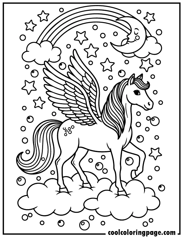 Magical winged horse coloring pages with flying fantasy horse on clouds and stars, cute horse coloring pages and printable coloring pages ideal for free horse coloring sheets.