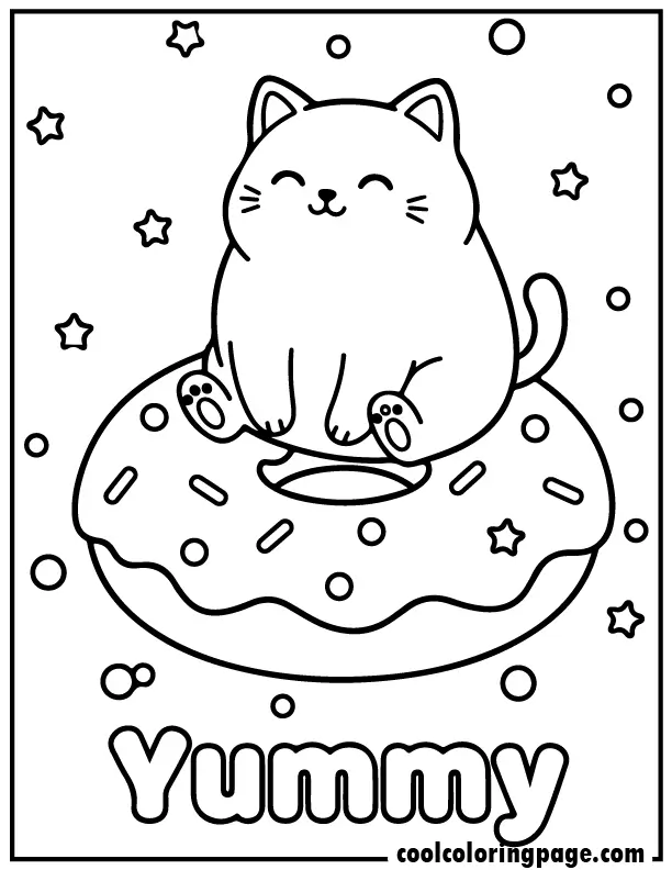 Cute kitty coloring pages with a chubby kitty sitting on a donut, fun shapes and easy outlines.