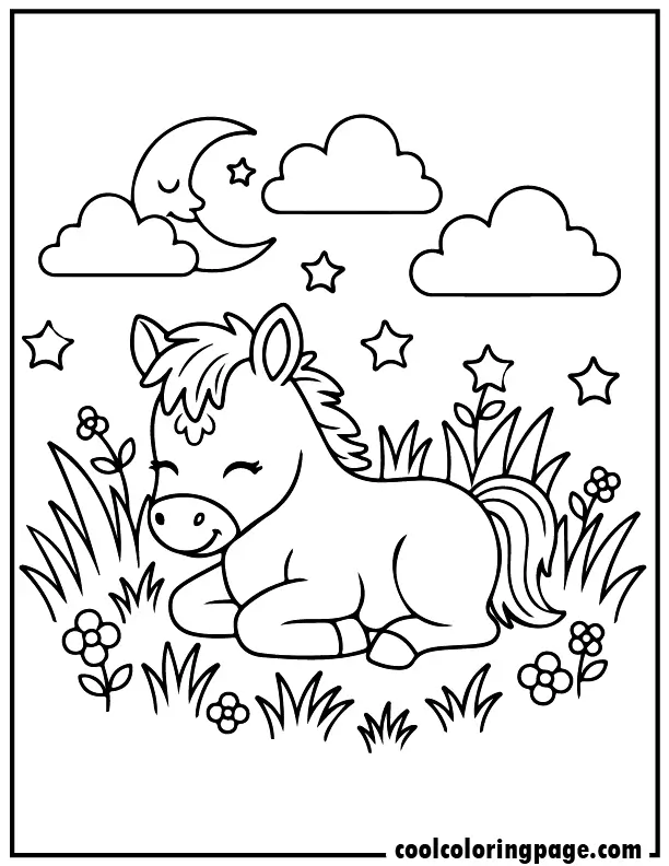 Forest walking horse coloring pages with trees and mushrooms scene, printable horse coloring pages and free horse coloring sheets perfect for easy coloring pages.