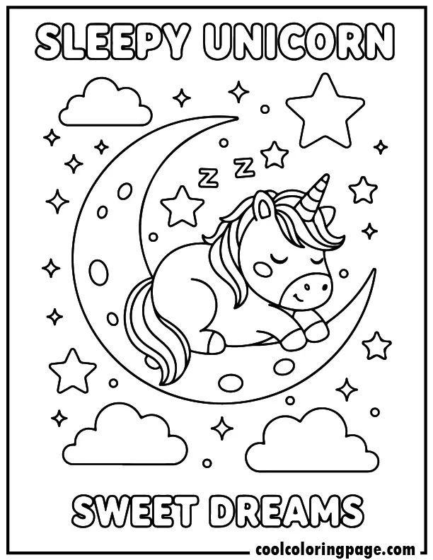Sleeping moon unicorn from free unicorn coloring pages, dreamy unicorn coloring page with stars and clouds, download printable unicorn coloring pages and unicorn printable coloring pages.