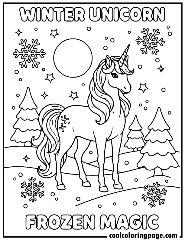 Winter fantasy unicorn from free unicorn coloring pages, snowy unicorn coloring page with trees and snowflakes, download printable unicorn coloring pages and unicorn printable coloring pages.