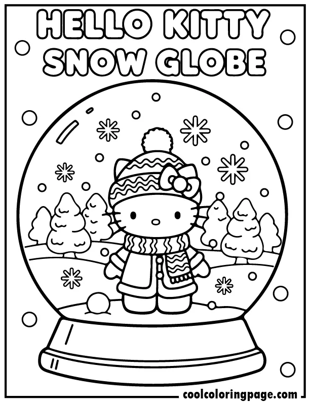 hello kitty winter coloring pages showing Hello Kitty inside a snow globe, hello kitty coloring page winter theme.