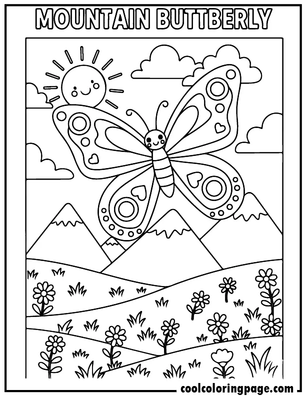 Mountain meadow illustration from butterfly coloring pages with butterfly and peaks, butterfly coloring page ready to download free printable butterfly coloring pages.