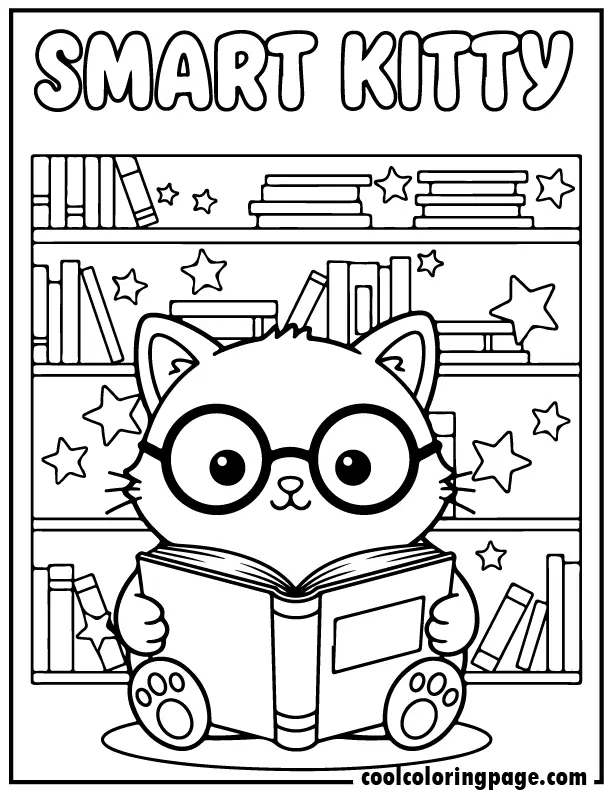 Kitty coloring pages showing a smart kitty reading a book with glasses, stars, and bold outline details.