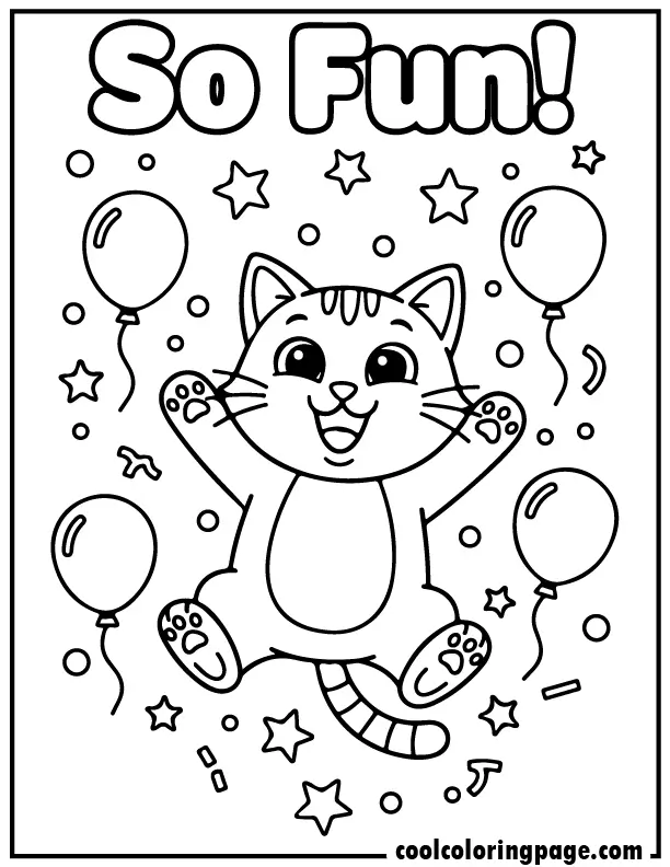 Fun kitty coloring pages featuring a jumping kitty with balloons and confetti in simple coloring style.