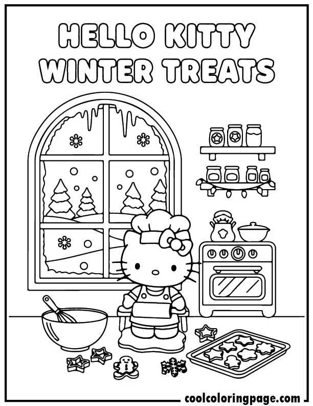 hello kitty winter coloring pages with Hello Kitty baking treats, hello kitty coloring pages for kids.