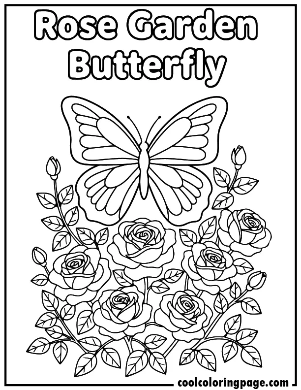 Rose garden artwork from butterfly coloring pages showing butterfly on blooming roses, free butterfly coloring pages printable.