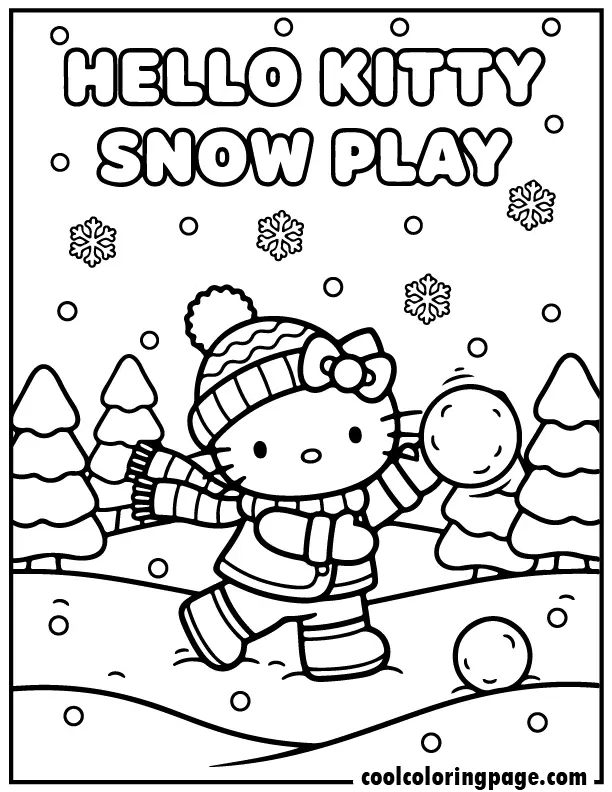 hello kitty winter coloring pages featuring Hello Kitty throwing snowballs, hello kitty coloring sheets winter fun.