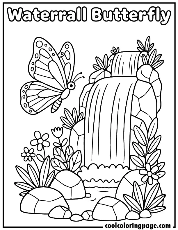 Waterfall nature scene from butterfly coloring pages with butterfly near rocks and plants, butterfly coloring pages printable design.