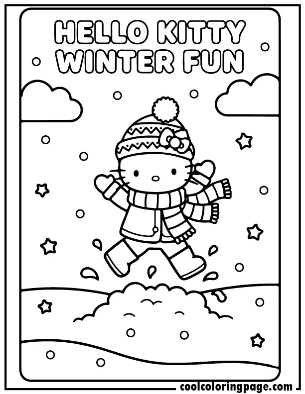 hello kitty winter coloring pages showing Hello Kitty jumping in snow, cute hello kitty coloring for kids.