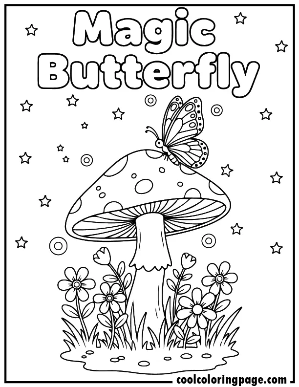 Magical forest theme from butterfly coloring pages featuring butterfly and mushrooms, butterfly coloring page for download free printable butterfly coloring pages.