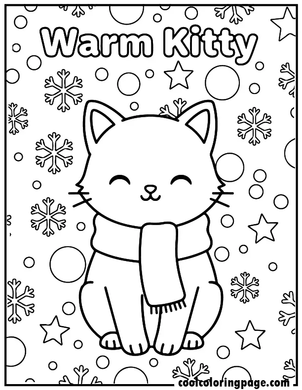 Warm kitty coloring pages featuring a kitty wearing a scarf with snowflakes and winter shapes.