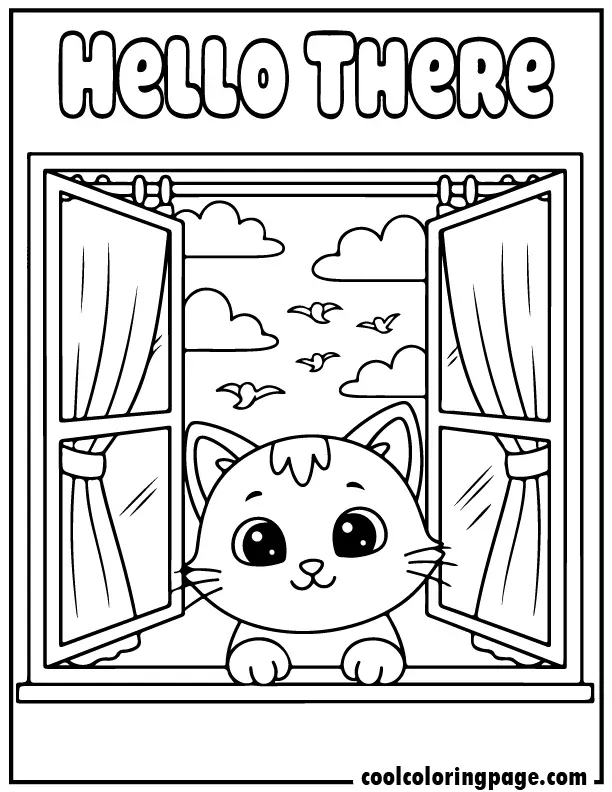 Hello kitty coloring pages showing a kitty looking through a window with clouds and birds.