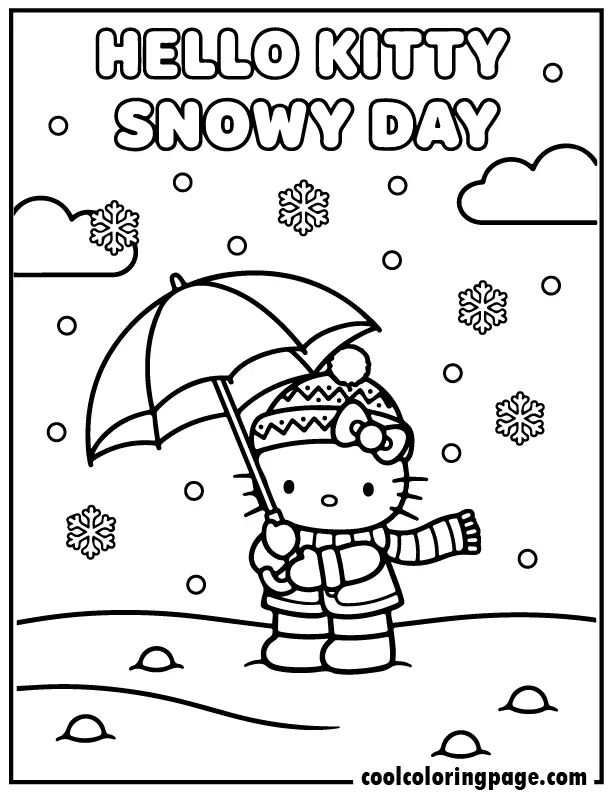 hello kitty winter coloring pages with Hello Kitty holding an umbrella in snowfall, hello kitty printable coloring pages.