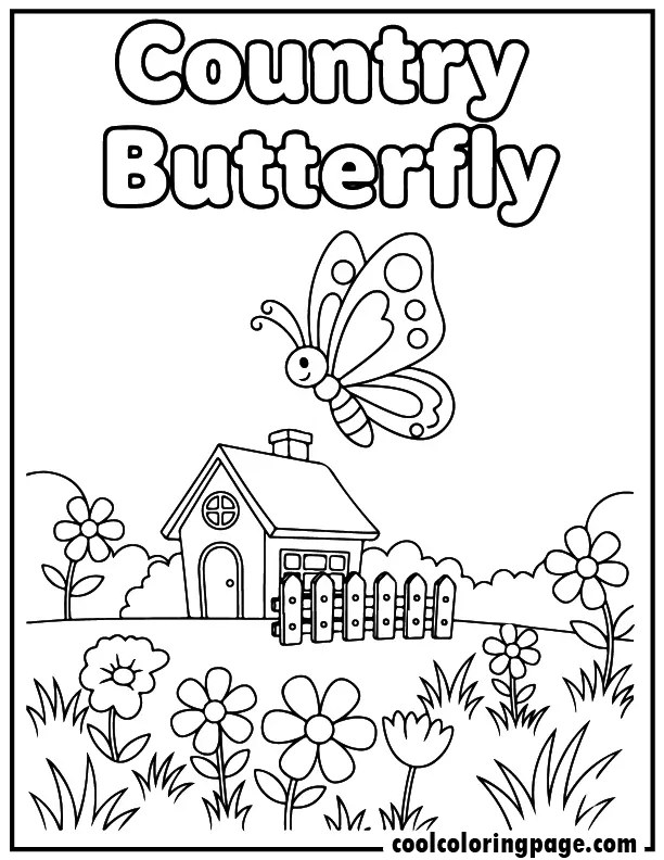 Countryside home design from butterfly coloring pages showing butterfly near fence and flowers, butterfly coloring pages printable layout.