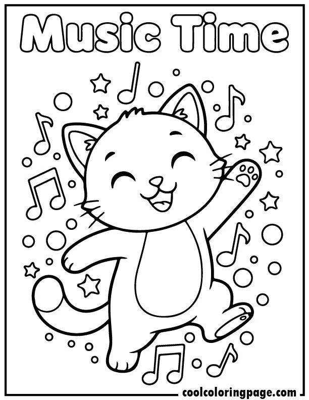 Kitty coloring pages featuring a dancing kitty with musical notes and stars in bold outlines.