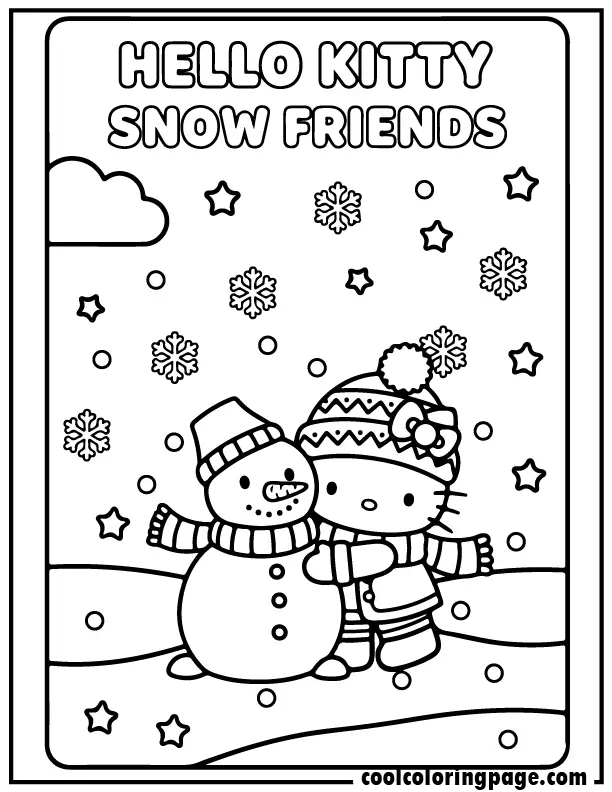 hello kitty winter coloring pages featuring Hello Kitty hugging a snowman, winter edition hello kitty & snowman coloring page.