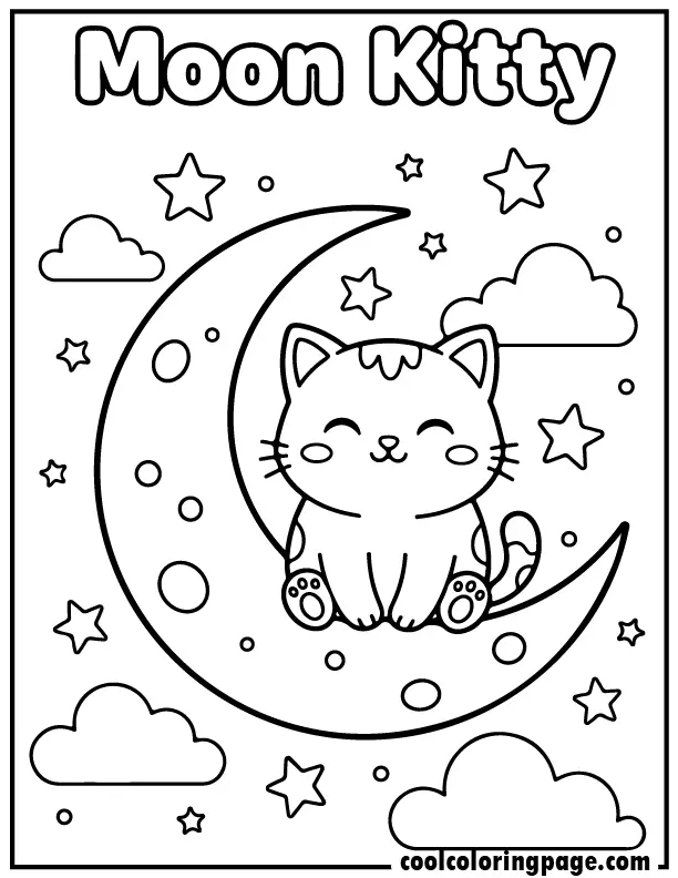 Kitty coloring pages showing a smiling kitty sitting on the moon with stars and clouds.