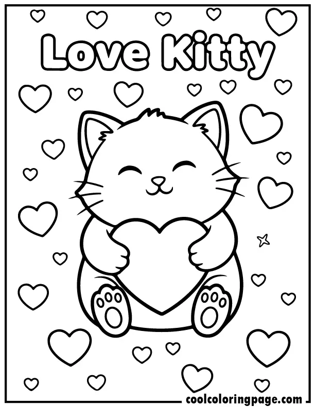 Kitty coloring pages featuring a cute kitty hugging a heart with simple heart patterns.