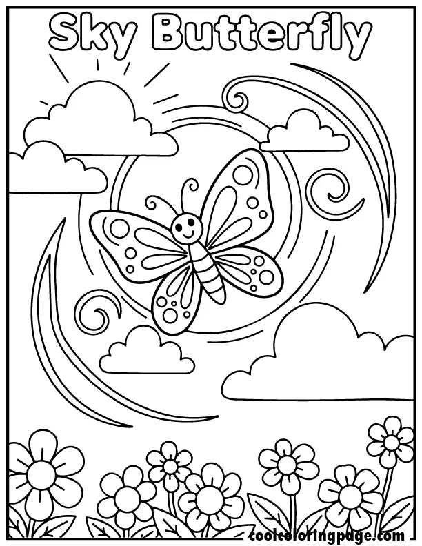 Sky and clouds illustration from butterfly coloring pages with butterfly flying high, free butterfly coloring pages printable style.