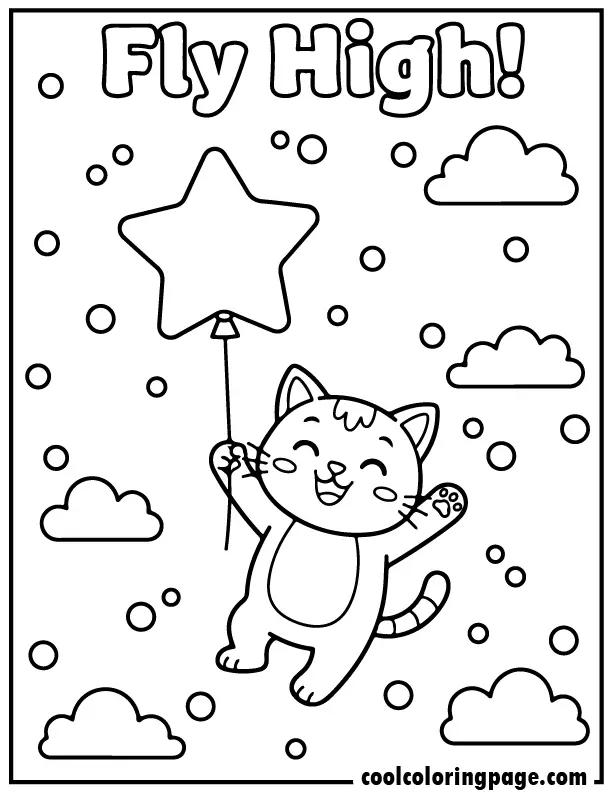 Kitty coloring pages showing a kitty holding a star balloon with clouds and dots.