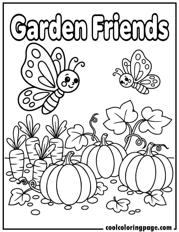 Vegetable garden scene from butterfly coloring pages featuring butterfly near pumpkins and plants, butterfly coloring pages printable for children.