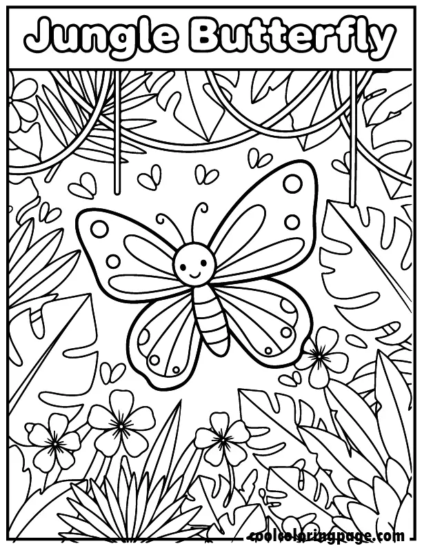 Jungle leaves theme from butterfly coloring pages showing butterfly among tropical plants, butterfly coloring page for download free printable butterfly coloring pages.