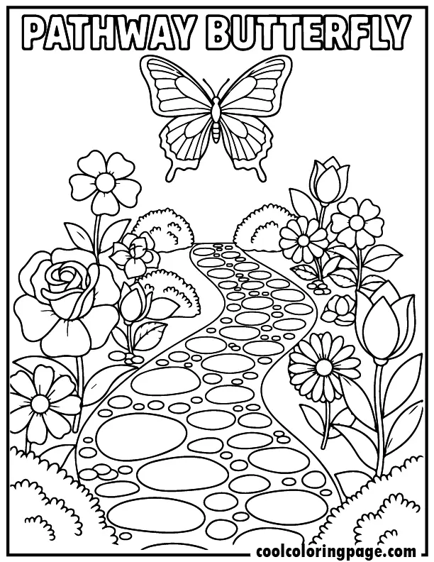 Garden pathway scene from butterfly coloring pages showing butterfly above stepping stones, free butterfly coloring pages printable.