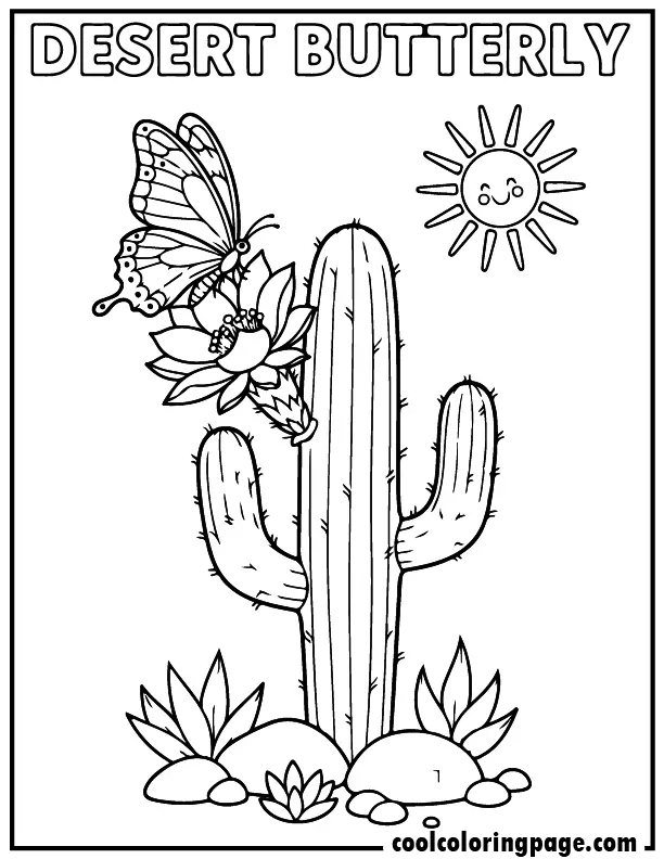 Desert cactus flower theme from butterfly coloring pages with butterfly and sun, butterfly coloring page for download free printable butterfly coloring pages.
