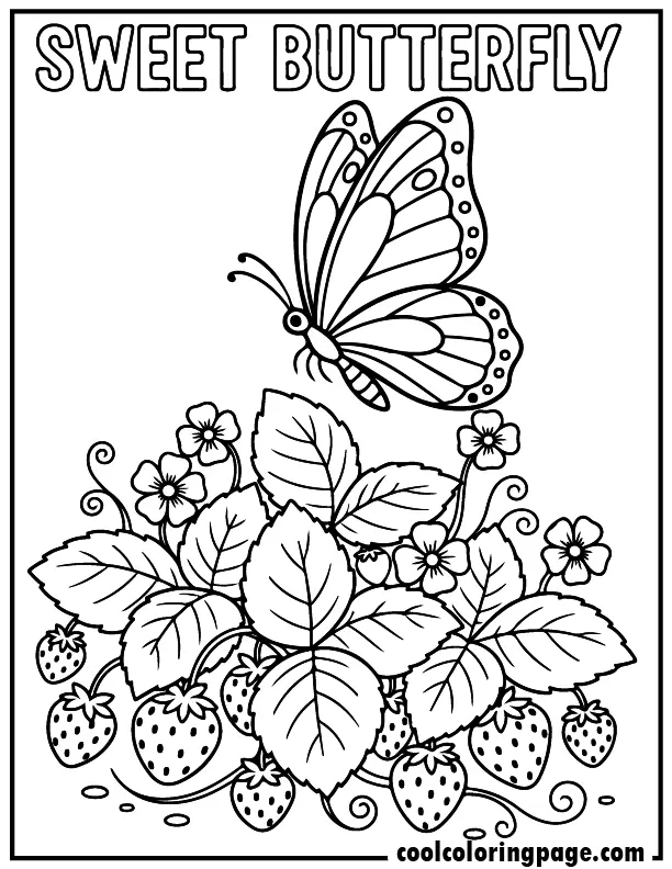 Strawberry patch garden from butterfly coloring pages showing butterfly near berries, butterfly coloring pages printable for kids.
