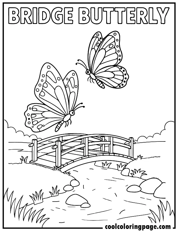 Wooden bridge stream scene from butterfly coloring pages with butterfly flying above water, butterfly coloring page ready to download free printable butterfly coloring pages.