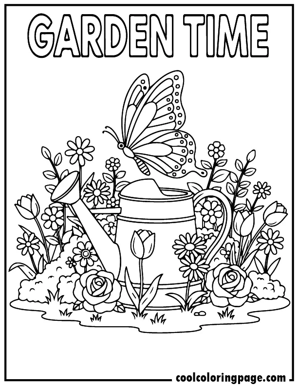 Garden watering can scene from butterfly coloring pages with butterfly and flowers, butterfly coloring pages printable for creative coloring.
