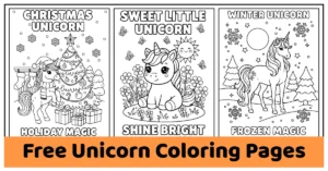 Three unicorn-themed coloring pages. free unicorn coloring pages for kids and adults.