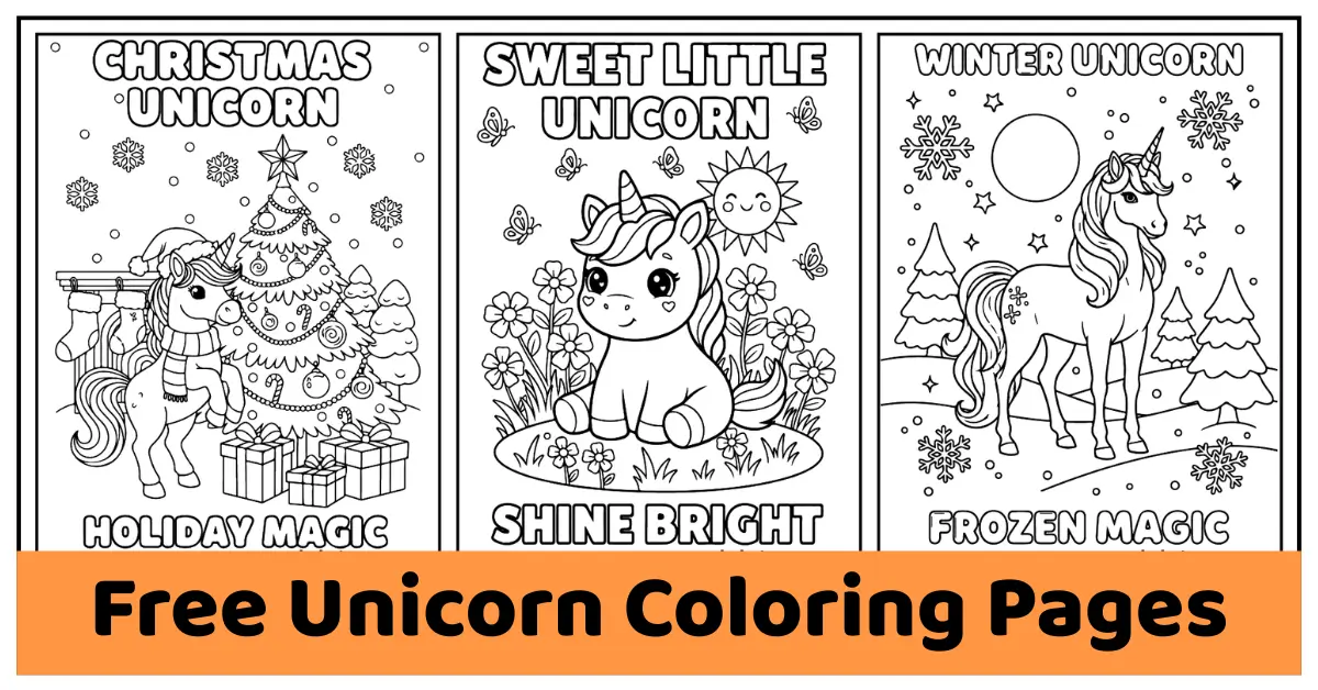 Three unicorn-themed coloring pages. free unicorn coloring pages for kids and adults.