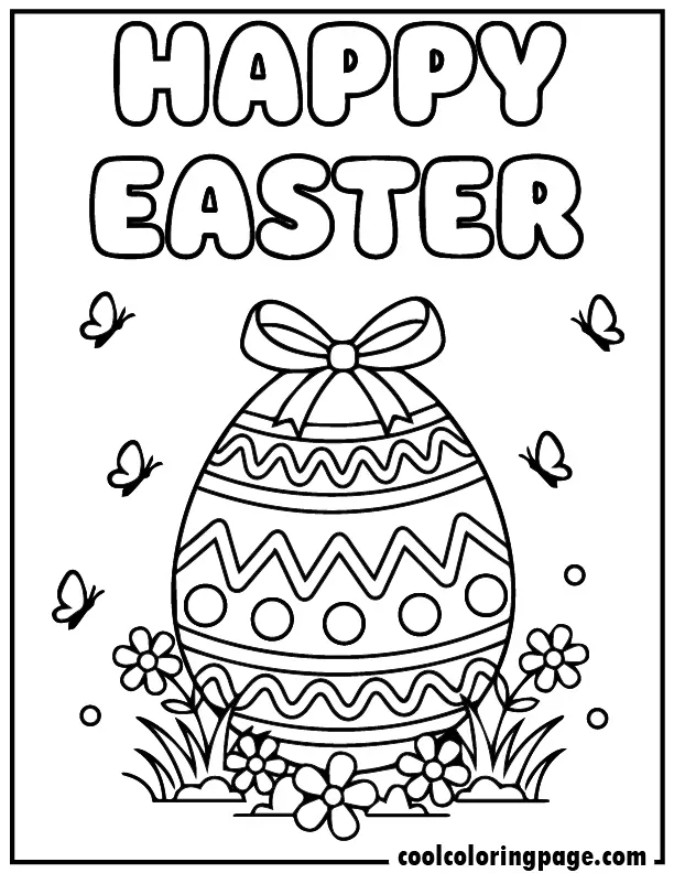 Happy Easter decorated egg with flowers and butterflies – Easter egg coloring pages printable free
